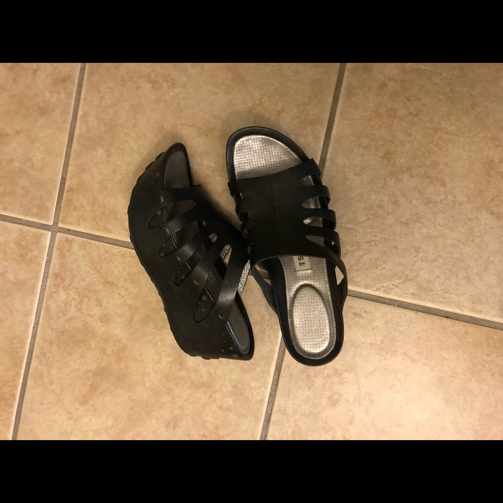 Black leather slides